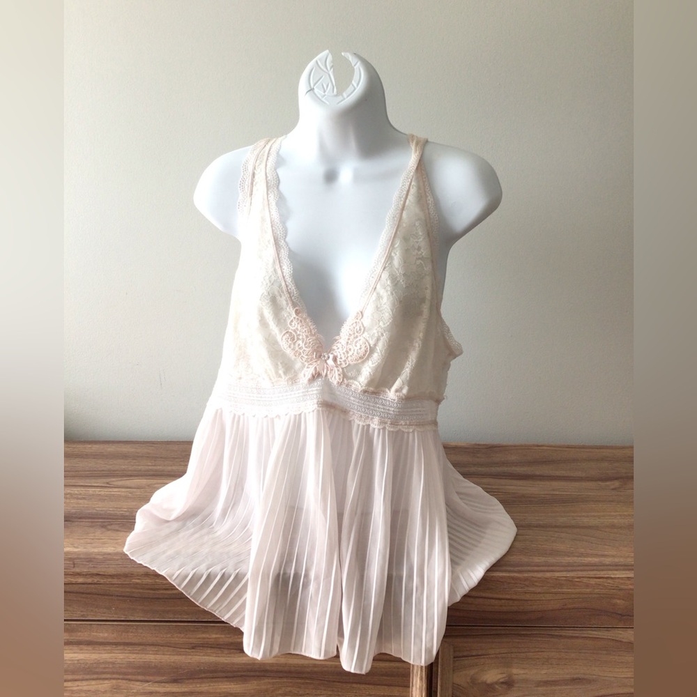 In Bloom Cocquette Girl Y2K Babydoll Pink Sheer Lace Pleated Fairy Tank Top XL